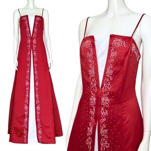 Vintage Y2K Red Beaded A Line Prom Dress. Medium 10. Princess Fairytale Formal